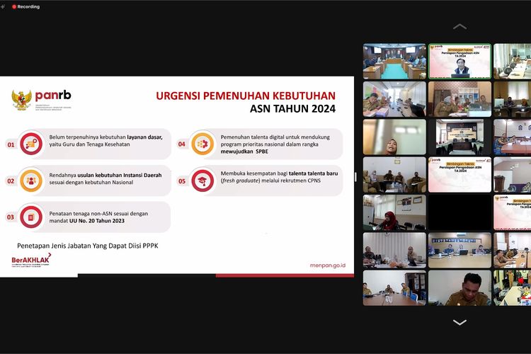 Kementerian Pendayagunaan Aparatur Negara dan Reformasi Birokrasi (Kemenpan RB) melaksanakan Bimbingan Teknis Persiapan Pengadaan Aparatur Sipil Negara (ASN) 2024 di Jakarta, Selasa (9/1/2024).