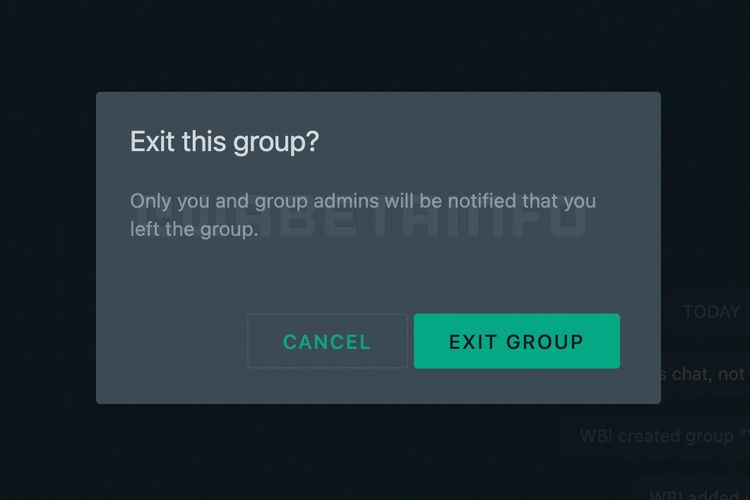 Tampilan jendela pop-up yang akan dilihat pengguna ketika keluar grup WhatsApp.