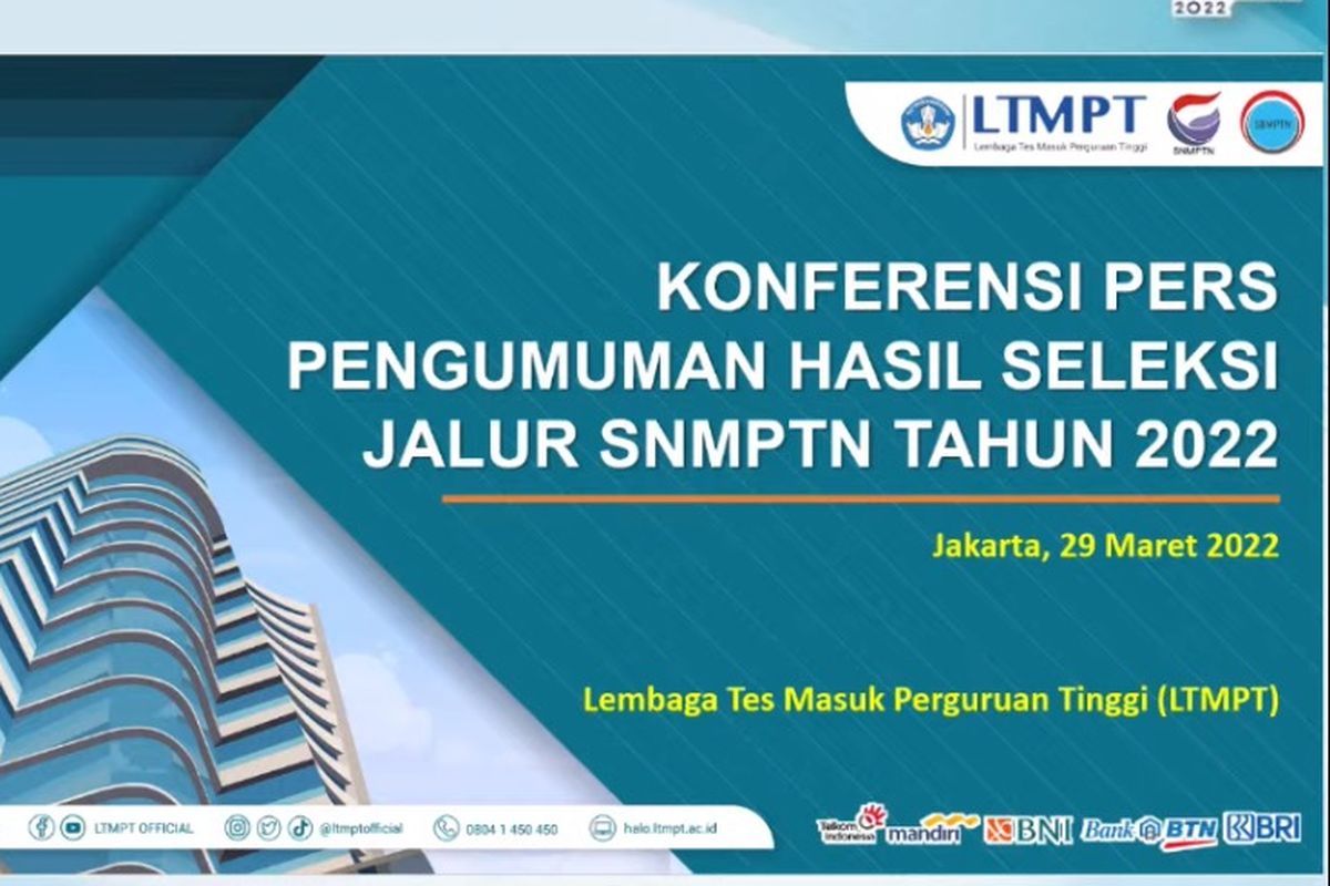 Ketua LTMPT 2022 Prof. Mochamad Ashari menjelaskan PTN penerima SNMPTN terbanyak 2022. Hal itu diungkapkan pada Konferensi Pers Pengumuman Hasil Seleksi Jalur SNMPTN 2022 secara daring, Selasa (29/3/2022).