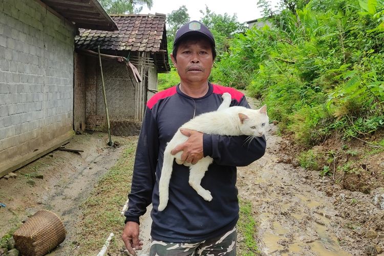 Seorang warga terdampak tanah gerak dan longsor di Dusun Depok Desa Ngrandu Kecamatan Suruh Trenggalek Jawa Timur, menyelamatkan kucing kesayangannya, Kamis (19/12/2024).