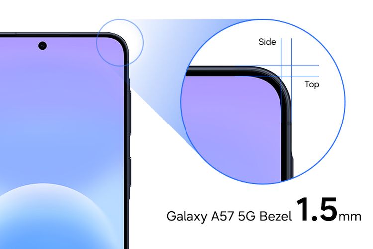 Bezel layar Samsung Galaxy A57 5G yang diklaim 1,5 mm.