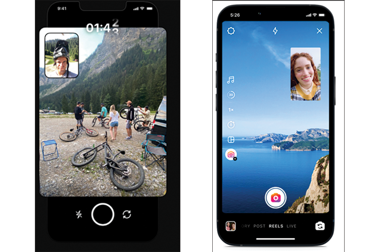 Tampilan fitur Dual Camera Instagram. Gambar di sebelah kiri adalah tampilan aplikasi BeReal, sedangkan gambar di kanan adalah fitur Dual Camera Instagram