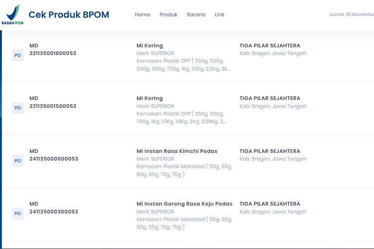 Tangkapan layar situs BPOM menampilkan produk Superior Putri Jagung telah tercatat dan memiliki nomor izin edar.