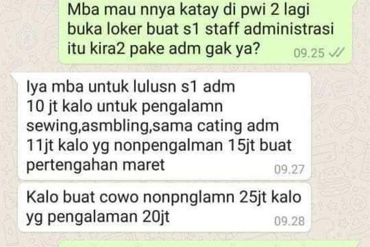 Tangkap layar chat WhatsApp yang berisi lowongan kerja dengan tarif puluhan juta jika ingin diterima. Isi chat ini viral di media sosial Selasa (10/3/2020).