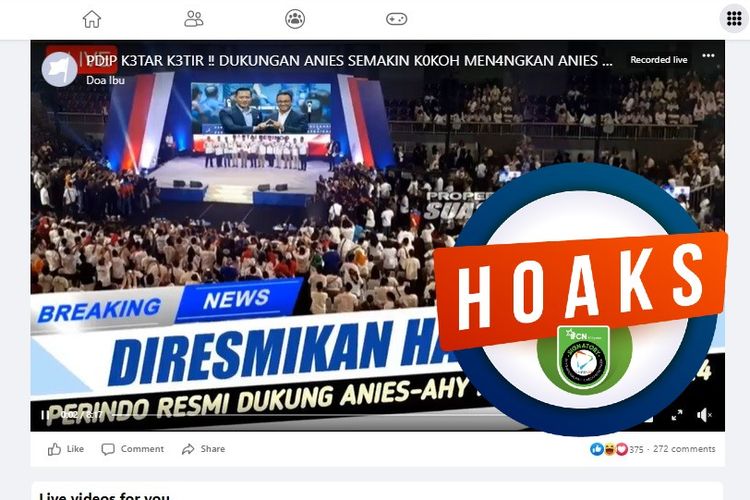 Tangkapan layar Facebook narasi yang menyebut bahwa Partai Perindo resmi mendukung Anies dan AHY sebagai capres-cawapres