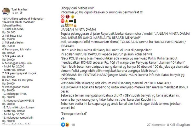 Tangkapan layar unggahan hoaks soal biaya tilang terbaru dari Kapolri baru.