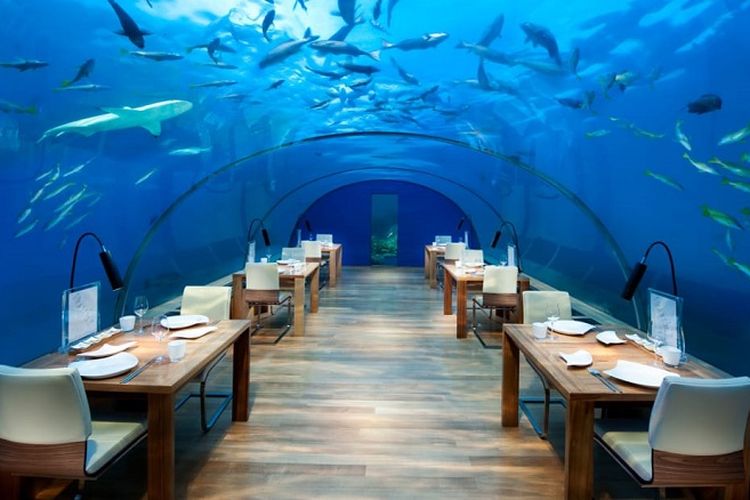 Ruang makan Muraka yang dibangun oleh Conrad Maldives Rangali di Maldives. Pembangunan vila hotel dengan kamar di bawah laut Samudera Hindia tersebut diklaim akan menjadi yang pertama di dunia. 