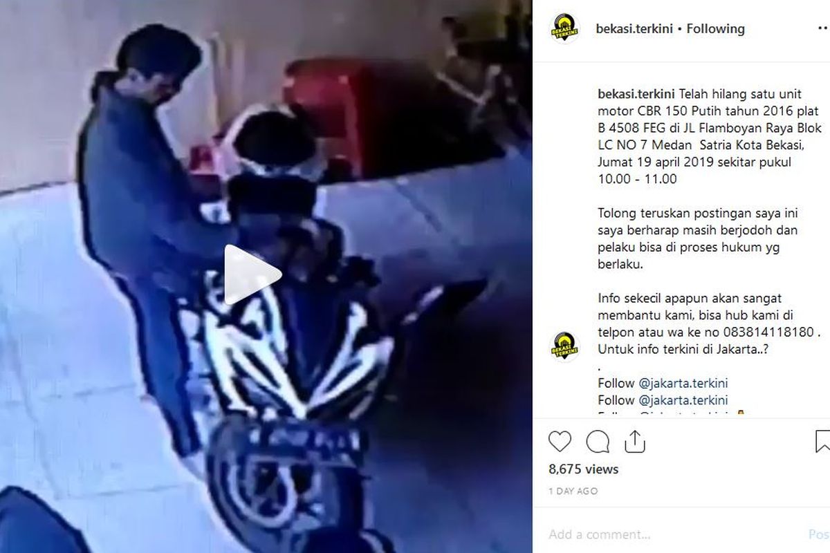 Pencurian motor terekam kamera CCTV di Bekasi. 