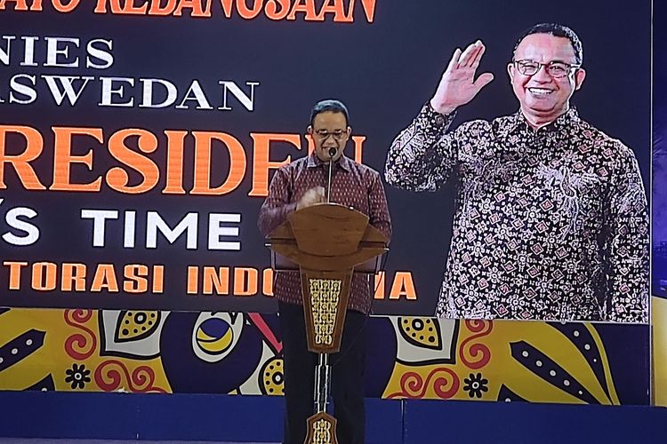 Anies Baswedan, Calon Presiden 2024 yang diusung Partai Nasdem sampaikan Pidato Kebangsaan, di Jojokodi Convention Center di Palu, Senin (24/11/2022). 