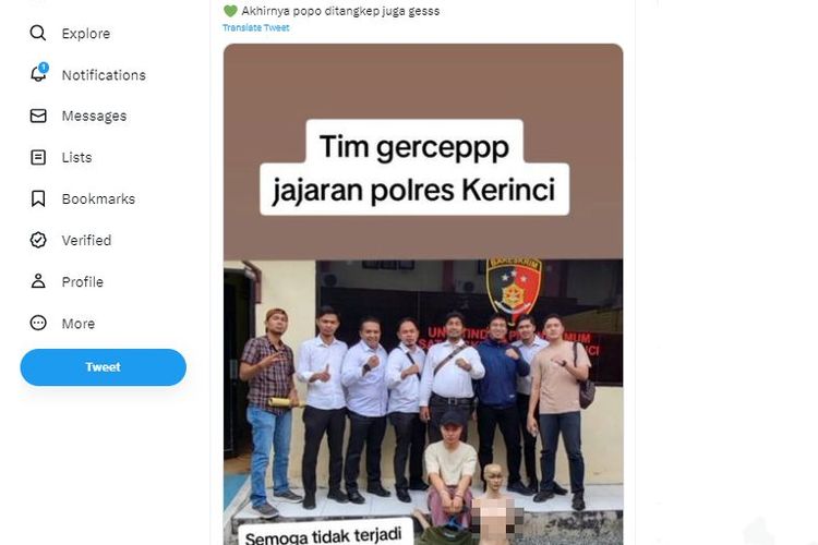 Tangkapan layar twit yang menginformasikan bahwa TikToker Popo ditangkap Polres Kerinci karena kasus video viral tidak senonoh dengan patung maneken