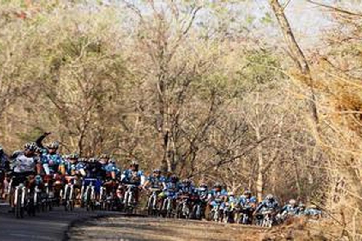 Peserta melalui jalanan yang menanjak dengan latar belakang pepohonan yang meranggas di kawasan Sumbawa Besar, Kabupaten Sumbawa, Nusa Tenggara Barat, Jumat (21/9/2012). Pada etape IV Jelajah Sepeda Bali Komodo kemarin, peserta menempuh perjalanan sejauh 119 kilometer dan finish di daerah Pidang, Sumbawa.  