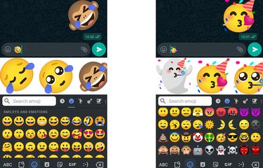 Aneka stiker Emoji Kitchen Gboard yang merupakan variasi dari gabungan emoji ekspresi wajah, saat digunakan di WhatsApp. 