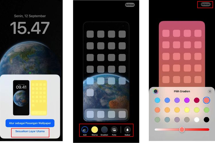 Ilustrasi cara mengatur tampilan layar home untuk menyesuaikan dengan tampilan lock screen iPhone di iOS 16.