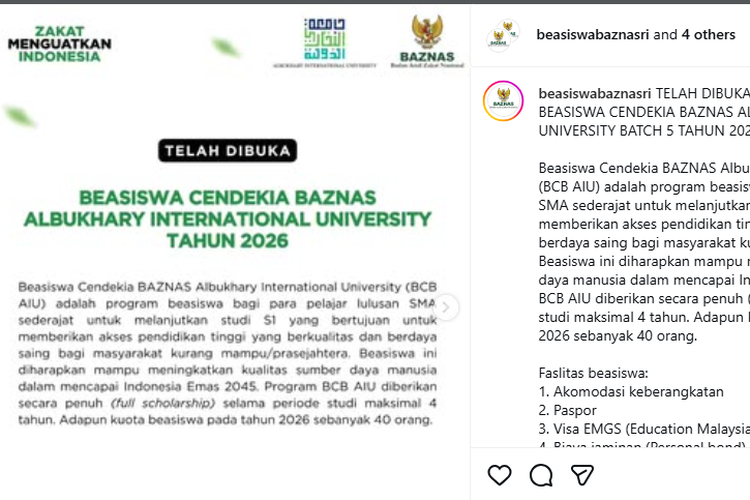 Beasiswa Cendekia Baznas AIU 2026 Dibuka, Kuliah di Malaysia Gratis