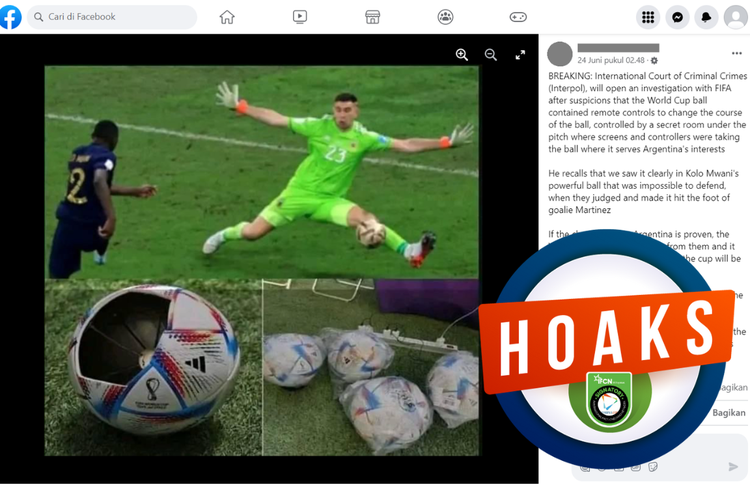 Tangkapan layar unggahan dengan narasi hoaks di sebuah akun Facebook, 24 Juni 2023, yang menuding adanya pengendali rahasia dalam bola yang digunakan dalam Piala Dunia 2022. 