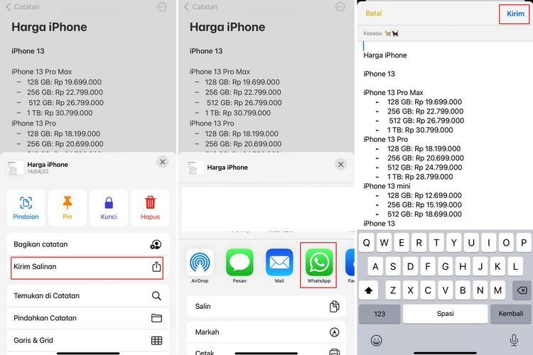 Ilustrasi cara Share Note iPhone ke WhatsApp dengan mengirim salinan isi.