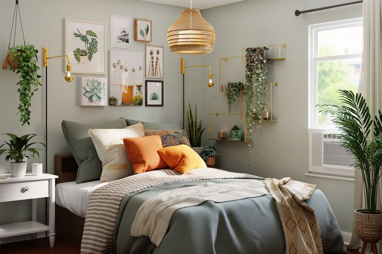 Ilustrasi tanaman hias di kamar tidur. 