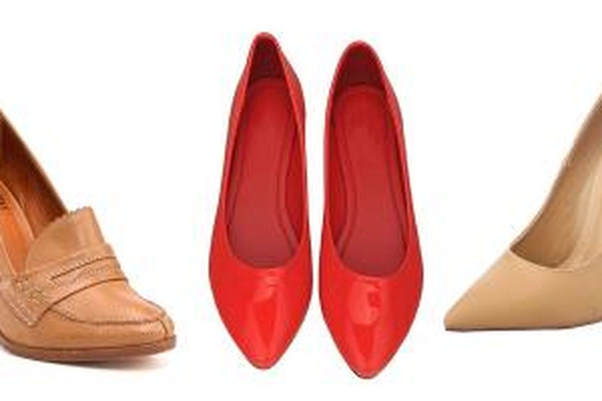 Kiri ke kanan: Sepatu tumit tinggi dengan gaya loafer, sepatu datar ujung lancip dan sepatu tumit tinggi klasik.