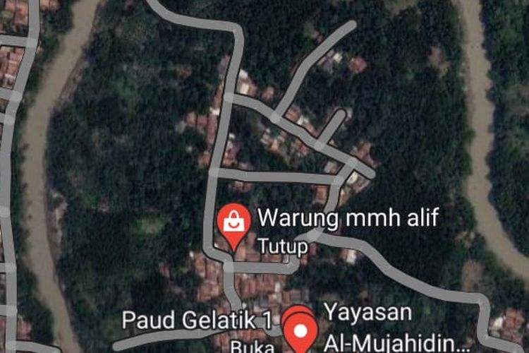 Tangkapan layar Google Maps Kampung Mujiah, yang dikelilingi Sungai Cibeet.