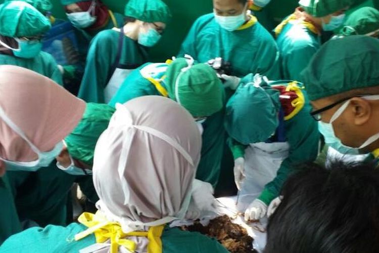 Tim Dokter Forensik RSUP dr Sardjito Yogyakarta sedang memeriksa jasad bayi yang sebelumnya diduga dibuang oleh ibunya, di TPU Dusun Jetak I, Desa Mungkid, Kecamatan Mungkid, Kabupaten Magelang, Jawa Tengah, Rabu (31/8/2016).