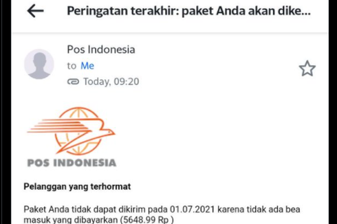 Viral, Unggahan E-mail Phishing Catut PT Pos Indonesia, Waspada!