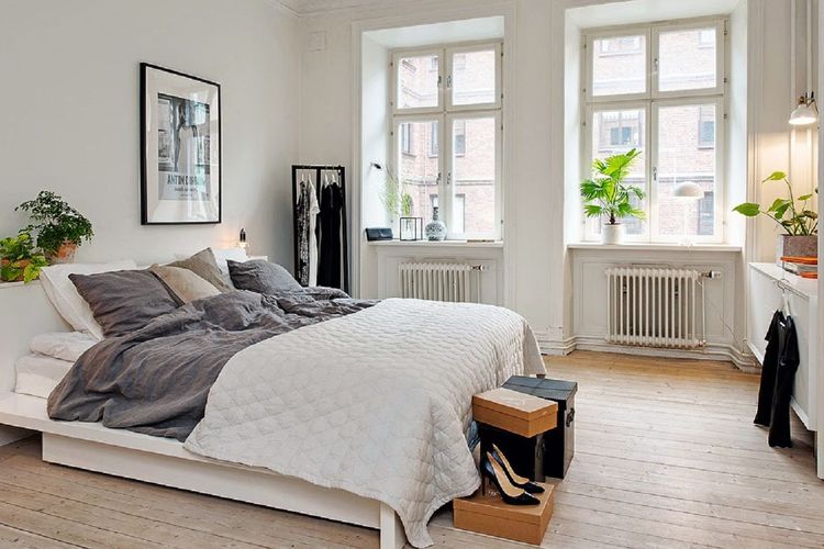 Ilustrasi kamar tidur bergaya Skandinavia.