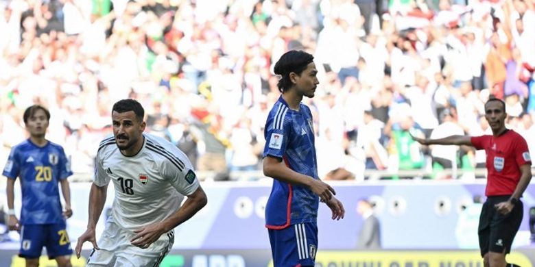 Penyerang Irak, Aymen Hussein, berselebrasi seusai mencetak gol dalam lanjutan Piala Asia 2023 antara Irak vs Jepang di Stadion Education City pada 19 Januari 2024. Artikel ini berisi hasil Piala Asia 2023.