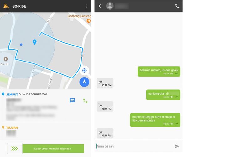 Screenshot aplikasi Gojek untuk pengemudi yang diduga menampikan fitur in-app chat.