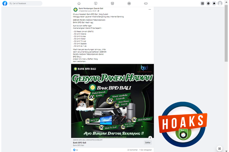Tangkapan layar konten hoaks di sebuah akun Facebook, Senin (4/9/2023, berisi tautan daftar hadiah khusus nasabah BPD Bali.