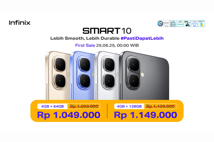 Di Indonesia, Infinix Smart 10 dijual dengan harga flash sale Rp 1.049.000 untuk varian (4 GB/64 GB) dan Rp 1.149.000 untuk varian (4 GB/128 GB). 