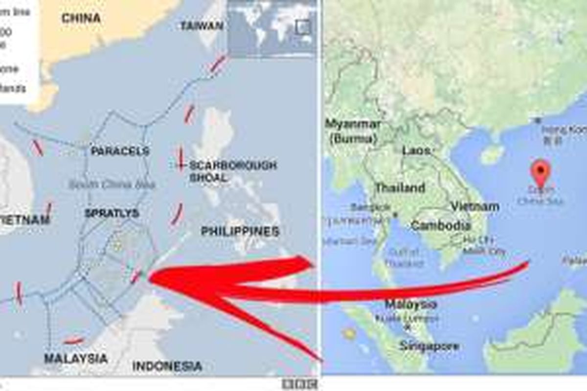 Peta wilayah sengketa di Laut China Selatan.