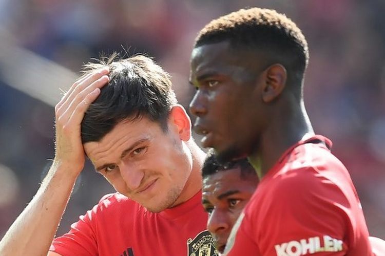 Harry Maguire, Marcus Rashford, dan Paul Pogba pada laga Manchester United vs Crystal Palace di Stadion Old Trafford, 24 Agustus 2019.