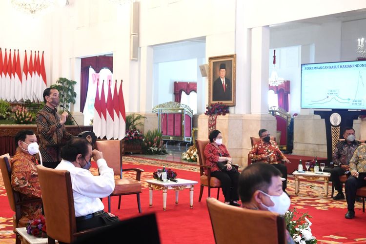 Suasana pertemuan antara Presiden Joko Widodo dengan para ketua umum dan sekretaris jenderal partai politik pendukung pemerintah di Istana Kepresidenan, Jakarta, Rabu (25/8/2021).