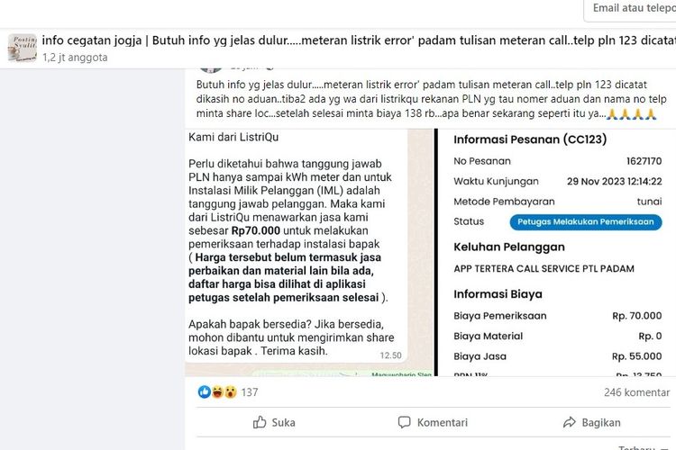 Tangkapan layar unggahan warganet soal penggantian meteran listrik PLN.