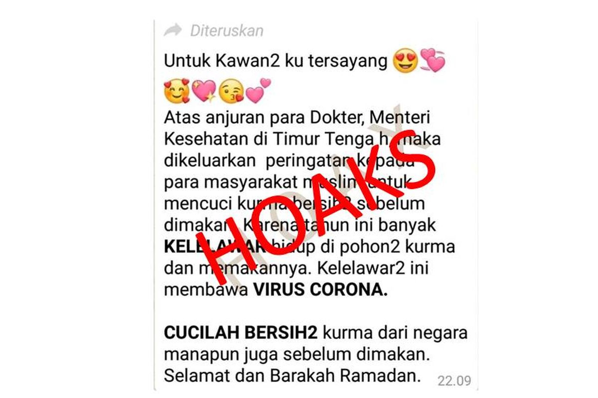 Hoaks pesan berisi kurma yang mengandung virus corona yang ditularkan oleh kelelawar.