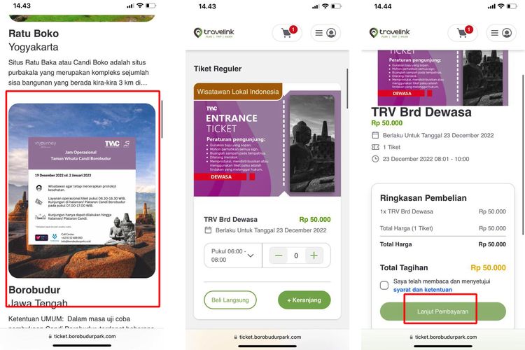 Ilustrasi cara beli tiket masuk Borobudur online untuk libur Natal dan tahun baru 2023.