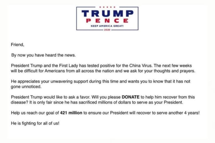 Isi email yang tersebar di media sosial soal penggalangan dana untuk Presiden AS Trump.