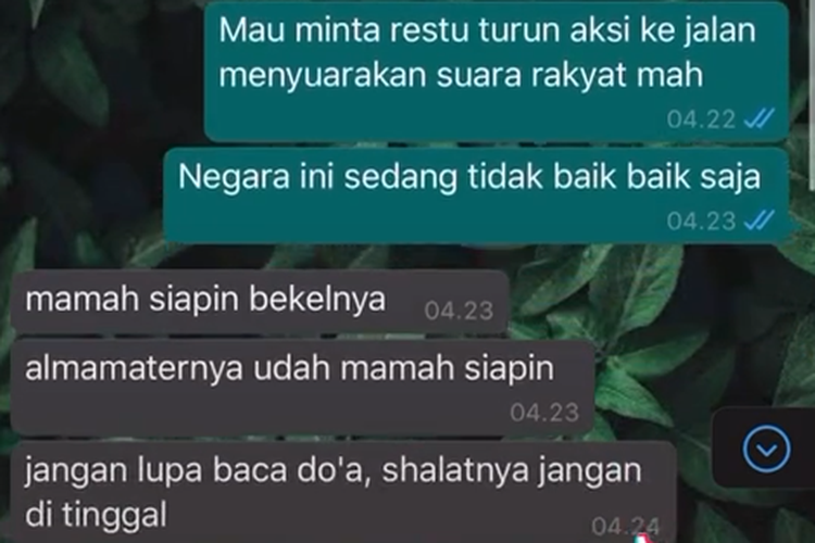 Tangkapan Layan percakapan Dian Muyana (25) kepada sang Ibu untuk ikut aksi tolak UU Cipta Kerja pada Kamis (8/10/2020) di Jakarta
