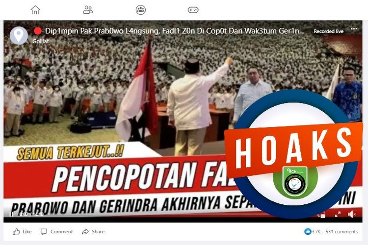 Tangkapan layar Facebook narasi yang menyebut bahwa Fadli Zon dicopot sebagai Waketum Partai Gerindra