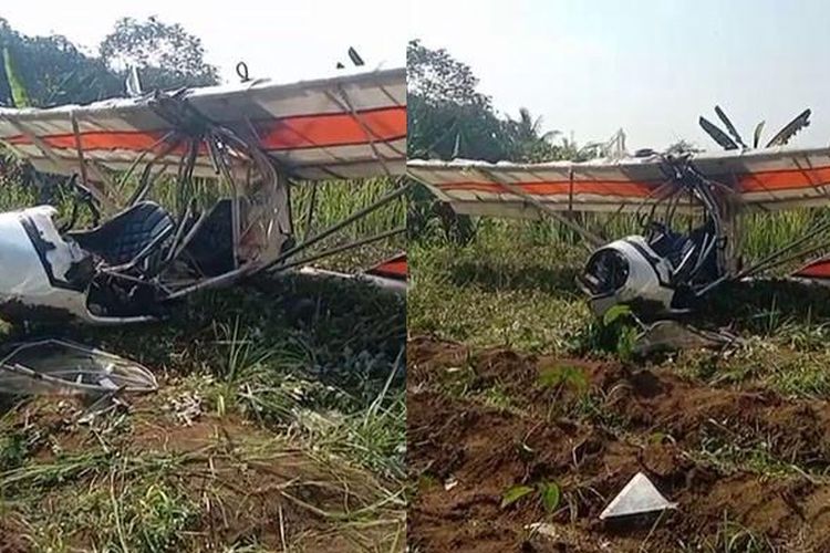 PESAWAT JATUH - Sebuah pesawat kecil (capung) dilaporkan jatuh di Desa Benteng Kecamatan Ciampea Kabupaten Bogor, Minggu (3/8/2025). 