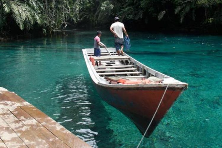 Labuan Cermin di kalangan para pelancong disebut sebagai danau dua rasa yang terletak di Desa Labuan Kelambu, Kecamatan Biduk-biduk, Kabupaten Berau, Kalimantan Timur. Air tawar sampai kedalaman 2 meter dari permukaan, sedangkan selebihnya adalah air asin. Air di Labuan Cermin sangat jernih ibarat cermin. Foto diambil Selasa (17/2/2015).