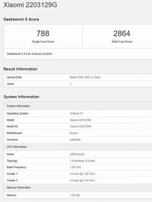 Ilustrasi laman Geekbench ponsel yang diduga sebagai Xiaomi 12 Lite.