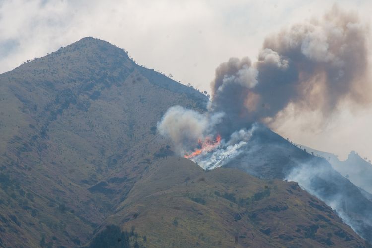 Api membakar lahan Gunung Merbabu terlihat di Desa Jlarem, Gladagsari, Boyolali, Jawa Tengah, Sabtu (28/10/2023). Menurut warga setempat api mulai membakar Gunung Merbabu pada Jumat (27/10) sore. ANTARA FOTO/Aloysius Jarot Nugroho