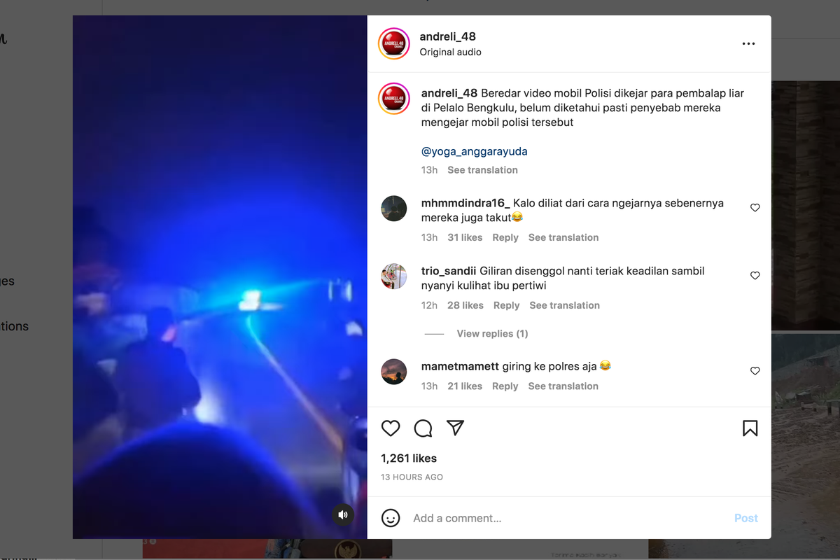 Viral video mobil polisi diduga dikejar oleh geng motor