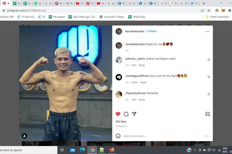 Tangkapan layar unggahan akun Instagram @herotheliontito. Hero Tito adalah pentinju asal Malang yang pernah mencicipi gelar juara dunia WPBF (World Professional Boxing Federation) kelas ringan.