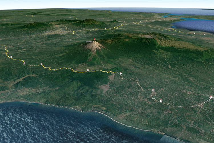 Tangkap layar penampakan 3D Gunung Semeru dari tenggara di wilayah Kabupaten Lumajang, Jawa Timur, via Google Earth. 