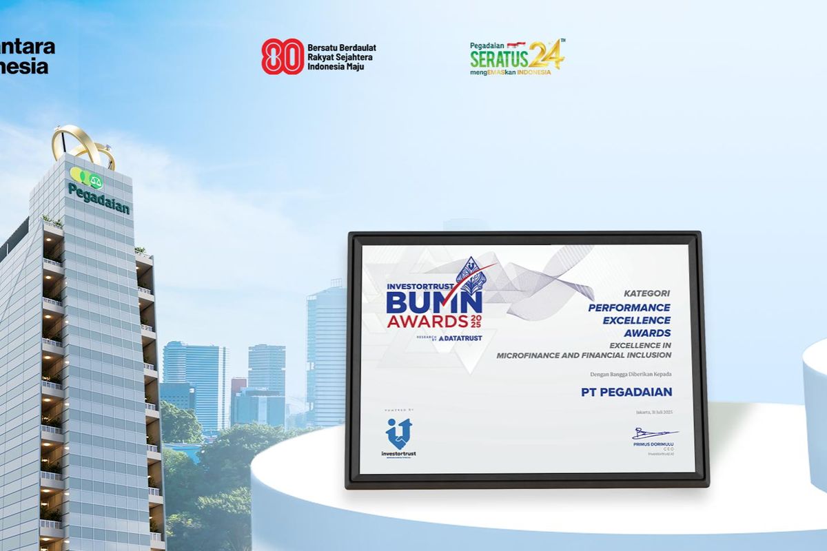 PT Pegadaian berhasil meraih penghargaan prestisius Investortrust BUMN Awards 2025 untuk kategori ?Excellence in Microfinance and Financial Inclusion? pada Kamis (31/7/2025).