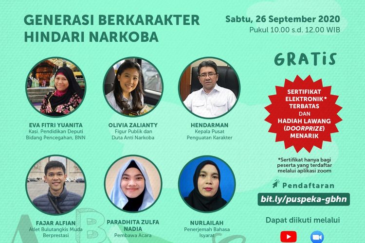 Webinar Generasi Berkarakter Hindari Narkoba oleh Kemendikbud, Sabtu (26/9/2020) pukul 10.00 - 12.00 WIB.

