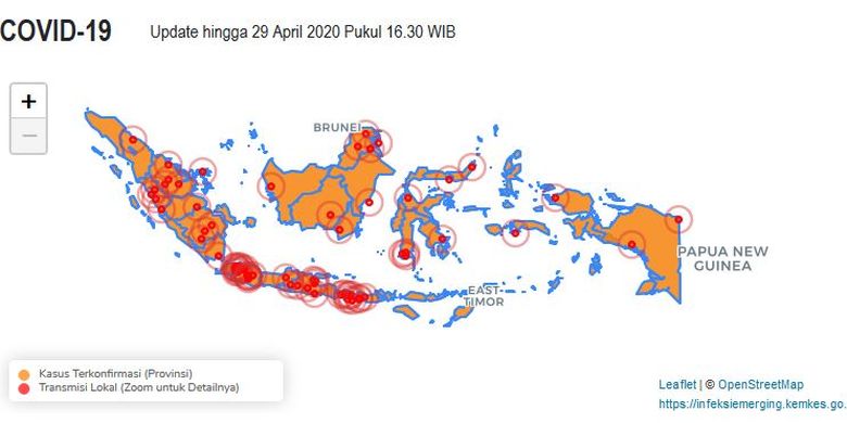 Titik merah pada peta gambarkan sebaran wilayah yang sudah tergolong dalam kategori transmisi lokal Covid-19