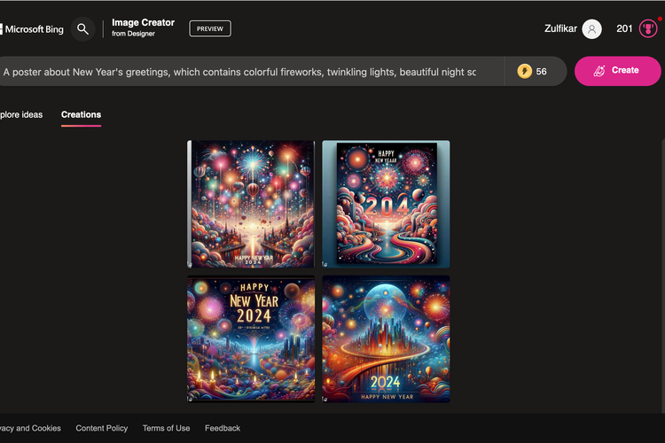 Ilustrasi cara membuat gambar ucapan selamat Tahun Baru 2024 via Bing Image Creator.